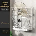 White double-layer carbon steel pot lid holder with drainage tray, 18.3x13.3x23cm size - [White] 2-Layer Wall-Mounted/Countertop Dual Use