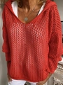 Detail of red hollow knit hooded cover-up with crochet mesh texture and V-neckline - S / Red