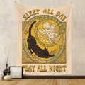 Detail of Boho tapestry featuring cats and sun moon graphics in a cozy room setting - 73X95CM / Sleep All Day - Brushed Fabric