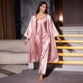 Conjunto de pijama de satén de 3 piezas para mujer con bata, camisola y pantalón rosa loto - S / Rosa Loto