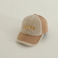 Detail of Boston 1630 embroidery on thick sherpa fleece and corduroy baseball cap - 52-54cm 3-8 Years / Khaki
