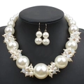 Detail shot of a multi-layer white pearl necklace and earring set on a black mannequin bust - Novelty Pearl Crystal Clusters Jewelry Set