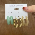 Set of three large hoop earrings in green resin, gold metal, and cream pearl resin - 3-Pair Set - Large Resin Metal Hoops