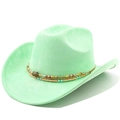 Detailed view of mint green suede cowboy hat with colorful ethnic beaded trim bands - M(56-58cm) / Fruit Green