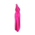Detailed back view of a hot pink one-shoulder dress with open back and ruched detailing - S / Rose Red