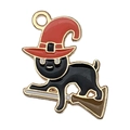 Halloween DIY charm featuring a black cat with a red wizard hat on a brown broomstick - 1pc Black Magic Broom Cat (18x17mm)