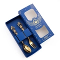 Golden stainless steel spoon and fork set in elegant blue gift box packaging - 2-Piece Set Blue Box / Gold