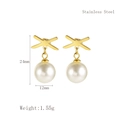 Gold stainless steel C-shaped earrings with white faux pearl drop and crisscross design - Gold (LE3243)