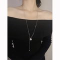 Silver Y-shaped titanium steel necklace with elegant white pearl pendant on model - H6031 Long Adjustable Pearl Y-Necklace Steel Color