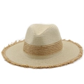 Vintage color-block straw sun hat with frayed brim and wide flat top for sun protection - M (56-58cm) / Beige