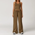 Olijfbruine yogaset voor dames met haltertop en wijde broek met trekkoord sluiting - S / Vest+Broek-Koffie