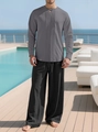 Herren Set aus grauem Leinenhemd mit Falten und schwarzer Hose mit Kordelzug - Grau + Schwarz