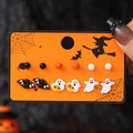 Spooky Halloween stud earrings set with cartoon bats ghosts and pumpkins on orange card - DE13