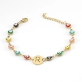 Pulsera dorada de ojo turco con cuentas de colores y colgante con letra R grabada - Letra R