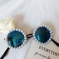 Round pearl-decorated sunglasses with blue mirrored lenses and white frame accents - Blue Mirrored