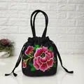 Ethnic style black canvas bucket bag featuring exquisite peony floral embroidery and drawstring - Rose