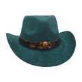 Dark teal western cowboy hat with vintage bronze skull buckle and embossed band decoration - Dark Green