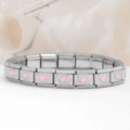 Close-up of stainless steel Italian charm bracelet with pink dual heart design - Arrow Double Heart-Pink (18 Links)