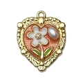 Vintage orange enamel heart pendant with white flower and pearl in golden finish - Light Pink Heart White Flower Leaf-22084