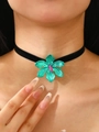 Retro black choker featuring a 3D metallic green orchid flower pendant for women - Green Orchid Choker (A-979)