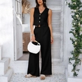 Completo estivo da donna con gilet nero in lino e pantaloni a gamba larga per vacanze - S / Nero