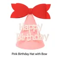Pink non-woven felt birthday party hat with large red bow and Happy Birthday text - Bow Birthday Hat - Pink