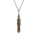 Detail of natural tiger eye crystal hexagonal pendant with vintage bronze cap and chain - Antique Bronze + Tiger Eye