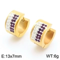 Golden stainless steel hoop earrings featuring purple and white zircon stone inlay - Gold Purple (KE118341-TGD)