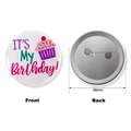 Detail of 58mm Happy Birthday tinplate badge with cupcake design and metal pin back - Silver Gray