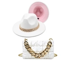 Close-up of a white wool jazz hat and quilted chain handbag with bold gold hardware - M (56-58cm) / White + Pink