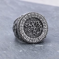 Nordic Viking wolf head ring in vintage stainless steel with engraved rune pattern - US 7 / Steel Color Polished (20202)