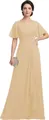Elegant champagne chiffon long evening dress with butterfly sleeves and crystal waist detail - US size 2 / Top And Bottom / Champagne