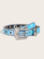 Close-up of blue sequin western belt with luxury rhinestones and silver metal eyelets - 103cm(Size S) / 2.3cm Wide/Rhinestone Buckle Beaded Edge / Sky Blue
