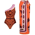 Conjunto de bañador de un hombro étnico con estampado tribal y pareo largo a juego - S / Conjunto Naranja y Negro