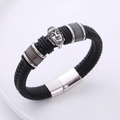 Bracciale da uomo in pelle intrecciata con testa di Buddha d'argento e chiusura magnetica - Bracciale Intrecciato Nero Testa di Buddha