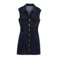 Mouwloze denim mini-jurk voor dames in donkerblauw met gouden metalen knopen - XS / Donkerblauw