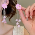 Pink crochet flower earrings with silver bead tassels and crystal accents for women - Pink Crocheted Flower Silver Bead Tassel (15# Silver Needle-Pink)