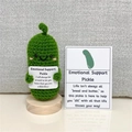 Detail of handmade crochet emotional support pickle with cute eyes and greeting card on wood base - No.1 Cucumber + Large Card + Base