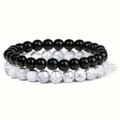 Double-layer 8mm natural lava rock and white marble bead stretch bracelets set - Set (MB2-0857) / Polished Black Stone + White Turquoise