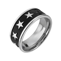 Detail view of vintage titanium steel ring with black enamel and silver star patterns - Five-Pointed Star/Size 7
