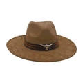 Brown suede cowboy hat featuring a silver longhorn emblem and leather decorative band - Army Green