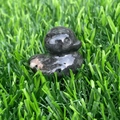 Polished dark gemstone duck figurine placed on green grass background - Flame Stone