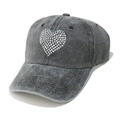 Grey washed cotton baseball cap featuring a sparkling rhinestone heart pattern on the front - Black