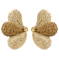 Handmade raffia flower earrings in beige and brown with gold metallic bead accents - Cream Brown Patchwork Woven Butterfly Drop Earrings