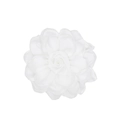 Detailed close-up of a white satin fabric camellia flower with layered 3D petals - White