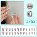 Mint green French tip press-on nails with heart rhinestones and square diamonds - D765 Glue Style