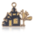 Colgante de casa embrujada de Halloween en metal dorado con esmalte negro y amarillo - Casa del Árbol Dorada
