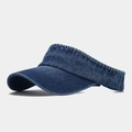 Detailed close-up of blue denim sun visor hat featuring twill fabric texture and curved brim - Adjustable / Dark Blue