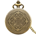 Classic vintage bronze quartz pocket watch with ornate hollow floral carving and chain - Bronze - Heart Ring Hollow