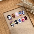 Handmade Y2K press-on nails featuring cute cartoon characters and rainbow grid patterns - Large (L) / 1610 Ultra Short Trapezoid